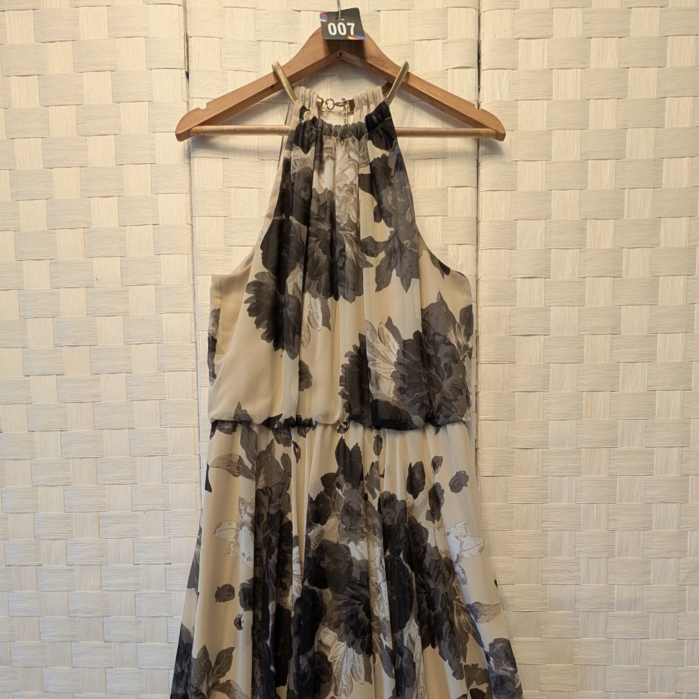 Speer Floral‎ Chiffon High-Low Maxi Dress Gold Chain Halter Cream Charcoal